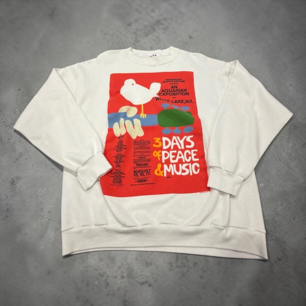 Tee Jays Woodstock Sweatshirt Mens L White 3 Days of Peace & Music Vintage USA